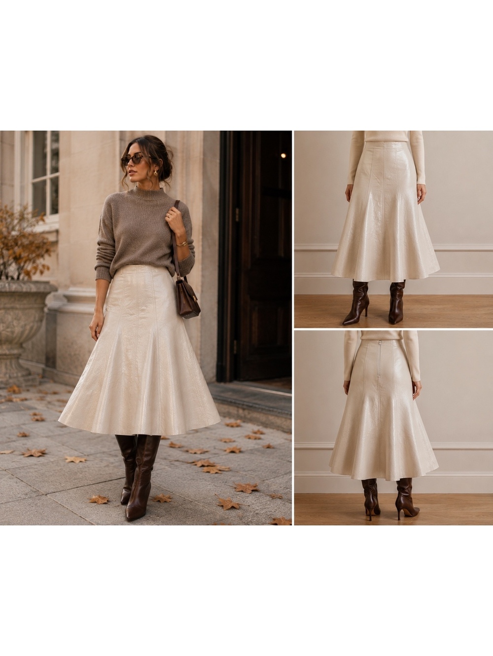 CAMILLA AND MARC Ivory Pebbled Leather Fit Flare Midi Skirt US 2